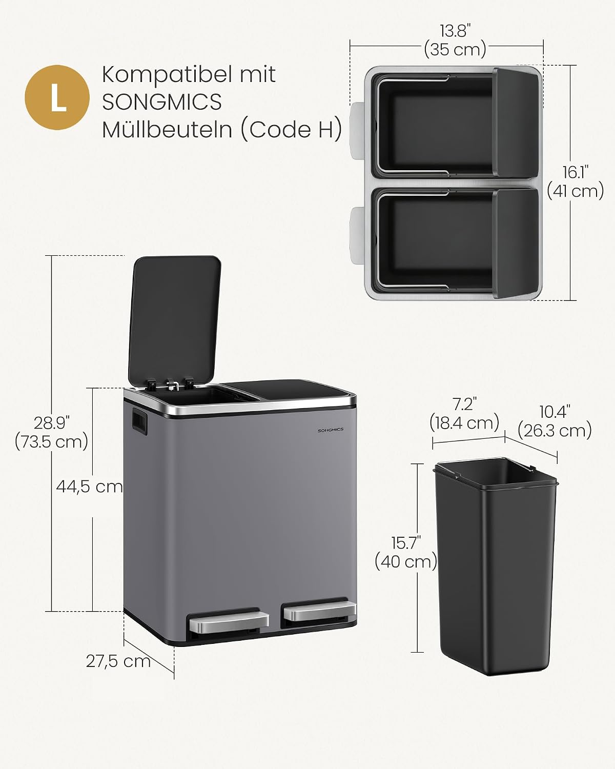 Detalle de SONGMICS Mülleimer Küche 2x15 Liter