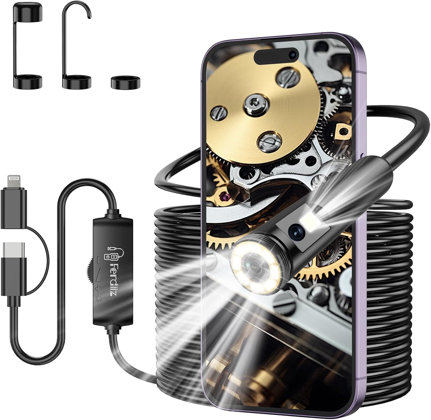 Ferdiiz Endoscopio per smartphone con doppia lente 1920P HD e sonda impermeabile IP67 (Android e iOS)