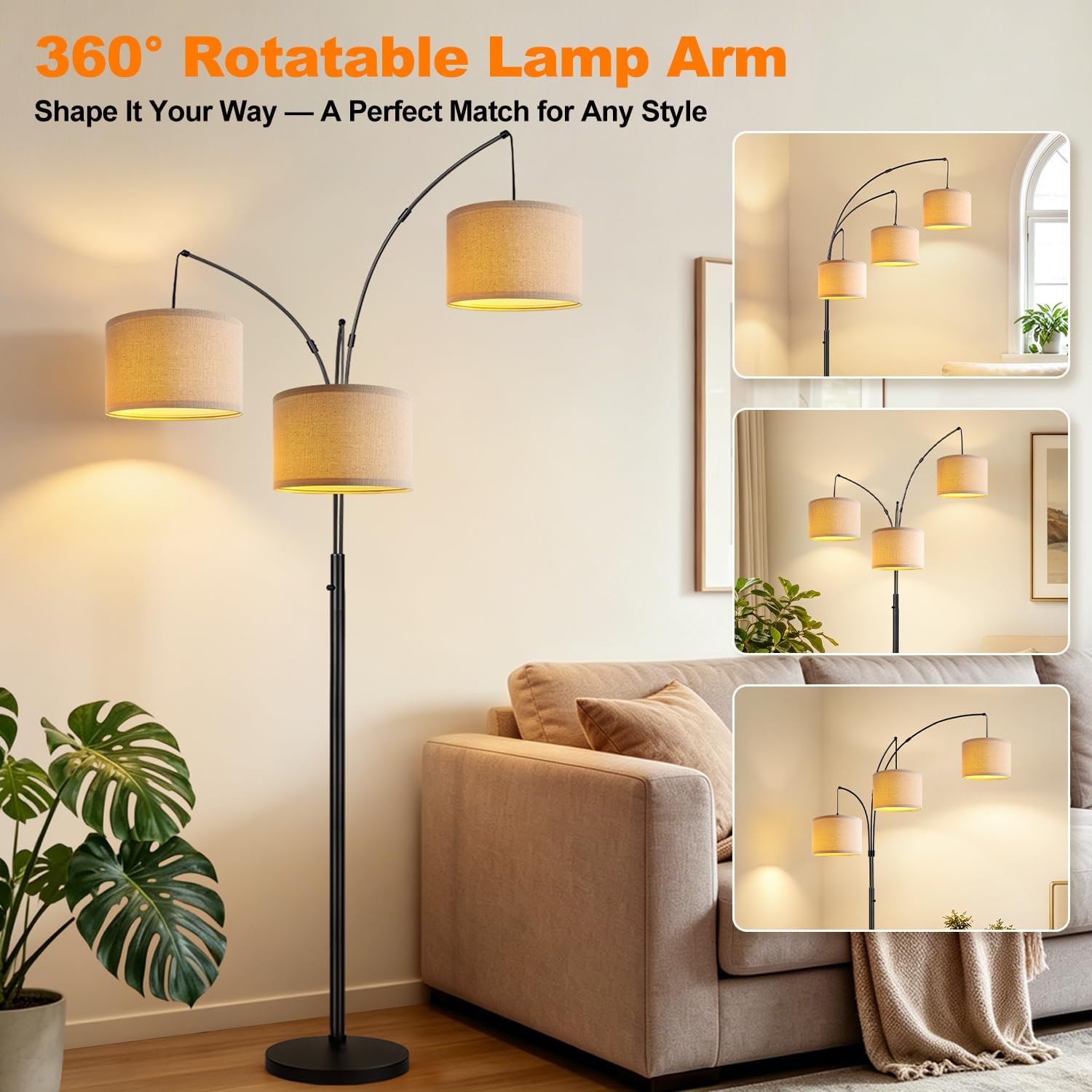 Thumbnail 4 de Nintiue Dimmable 3-Light Arc Floor Lamp with Beige Shades (E26, 1000LM, 203cm)