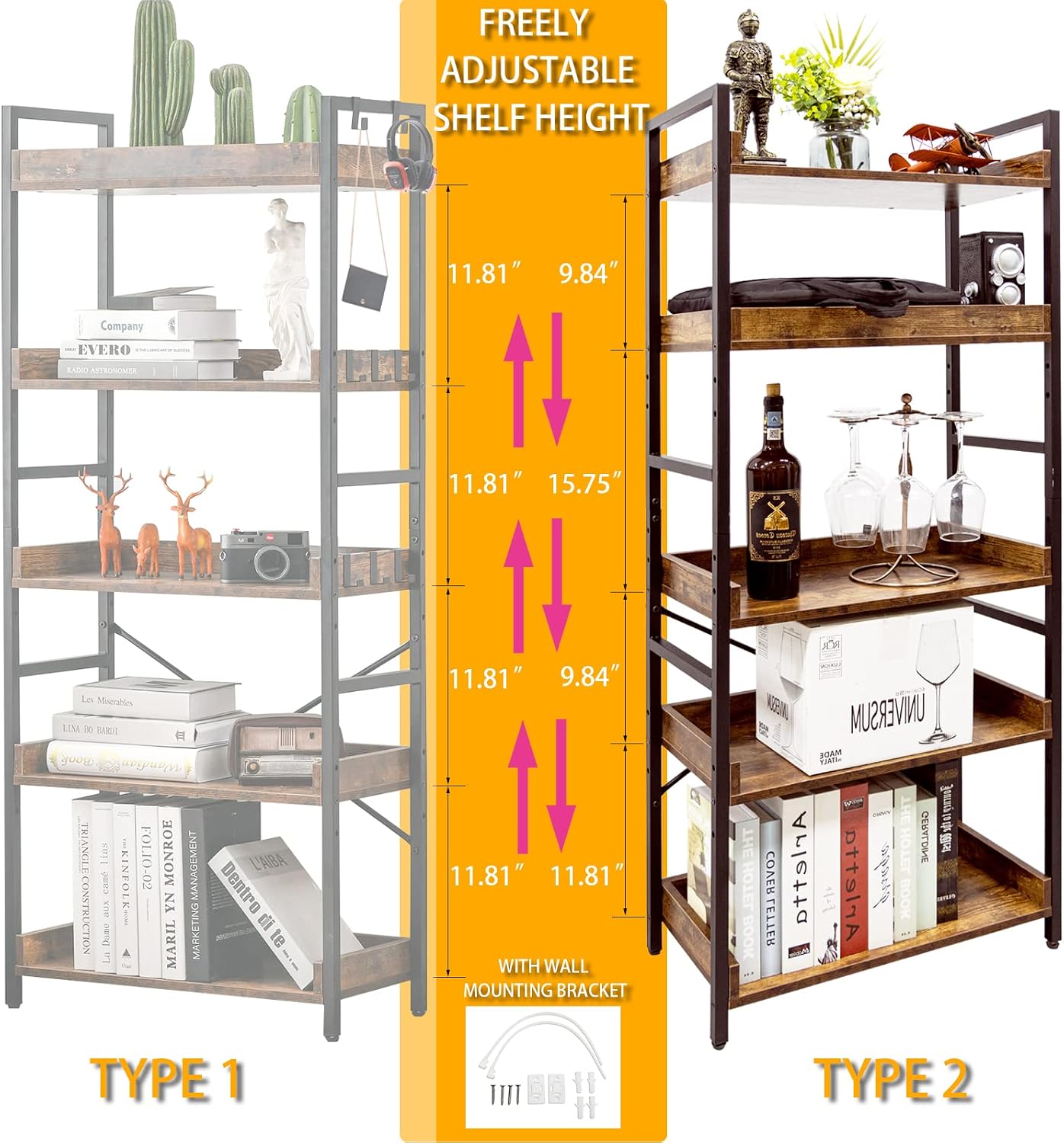 Detalle 2 de HCHQHS BS-USBS-C-5 5-Tier Industrial Bookshelf with Adjustable Shelves