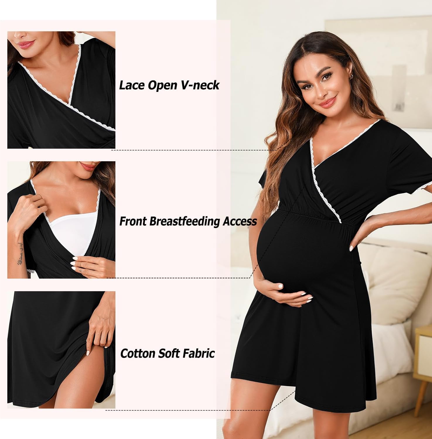 Detalle de Leversic Womens Maternity Nightdress: Short Sleeve Cotton Nursing Gown with V-Neck