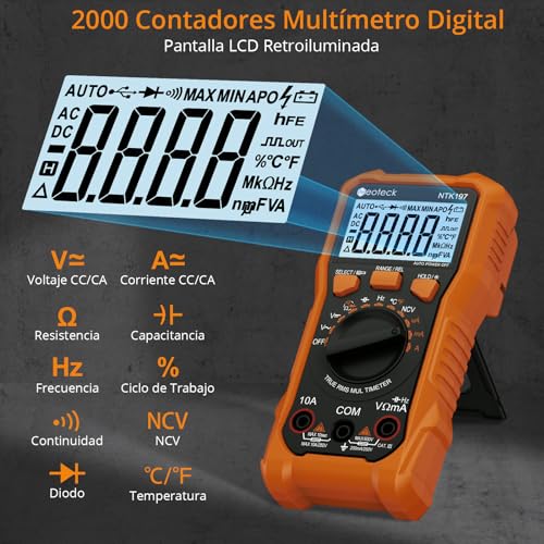 Detalle 2 de Neoteck Multímetro Digital 2000 Contadores con Pinza de Cocodrilo – Tester Eléctrico para CA/CC, NCV, Temperatura y Más