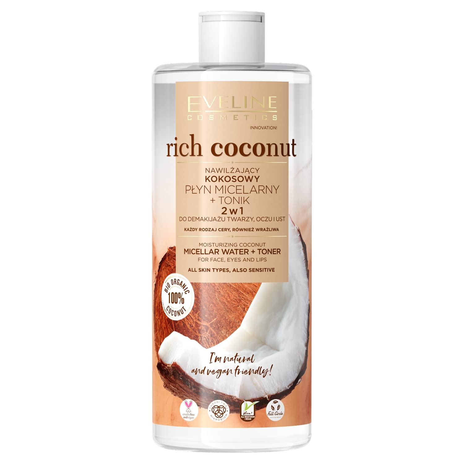 Detalle de Eveline Cosmetics Rich Coconut 2‑in‑1 Feuchtigkeitsspendende Kokosmizellen-Flüssigkeit & Toner, 500 ml