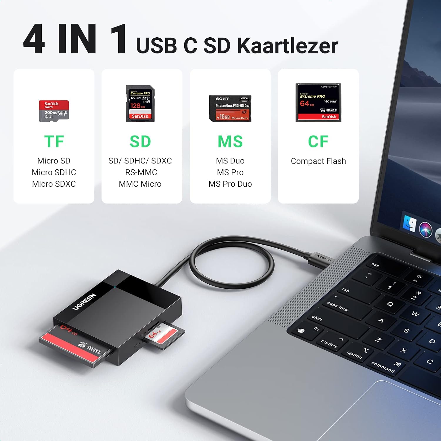 Thumbnail 1 de UGREEN 4-in-1 USB-C-kaartlezer voor SD, microSD, CF en MS