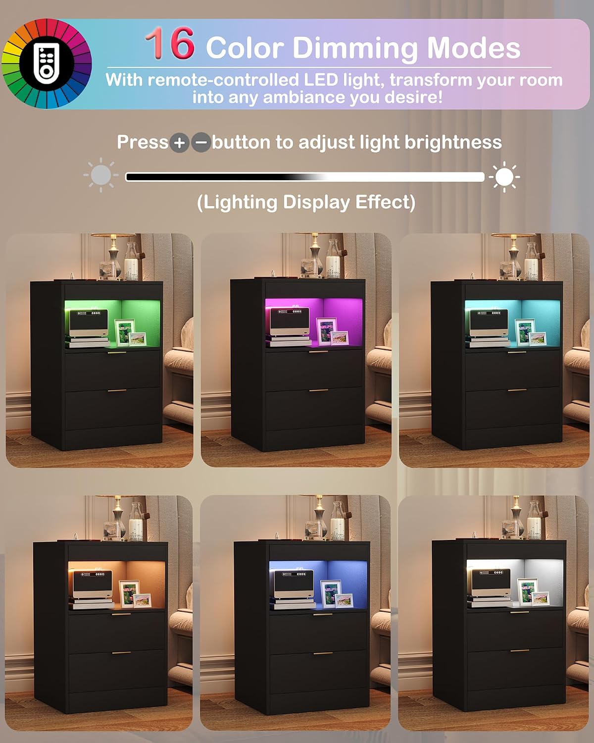 Detalle de Yusong LED Nightstand with Charging Station, 2 Drawers and RGB Lights