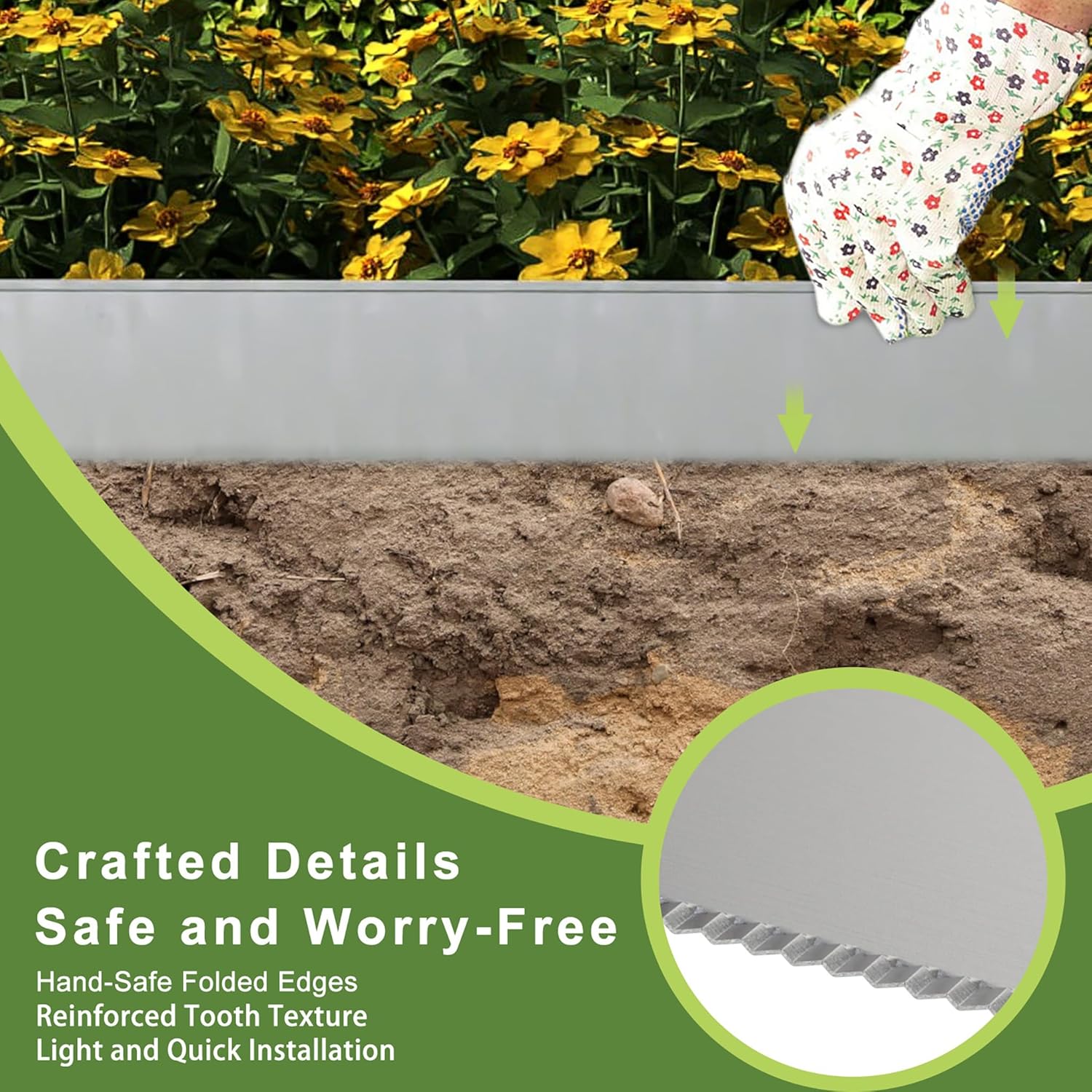 Detalle 2 de ACXIN Metall-Rasenkante 15 cm hoch (verzinkte Oberfläche) – flexible Beeteinfassung für Mähkante & Baumring