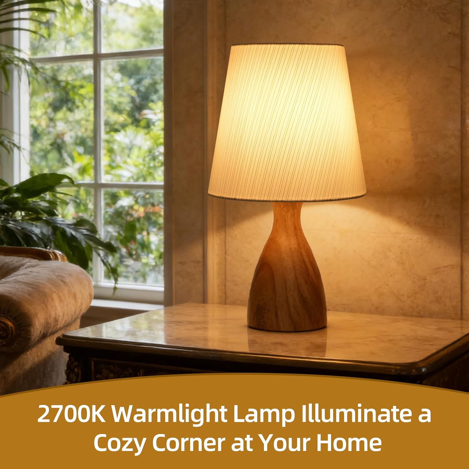 Detalle de Aukimo Wood Bedside Table Lamp with White Linen Shade (Gold Stripe) – 12.6 Inch, LED Bulb Included