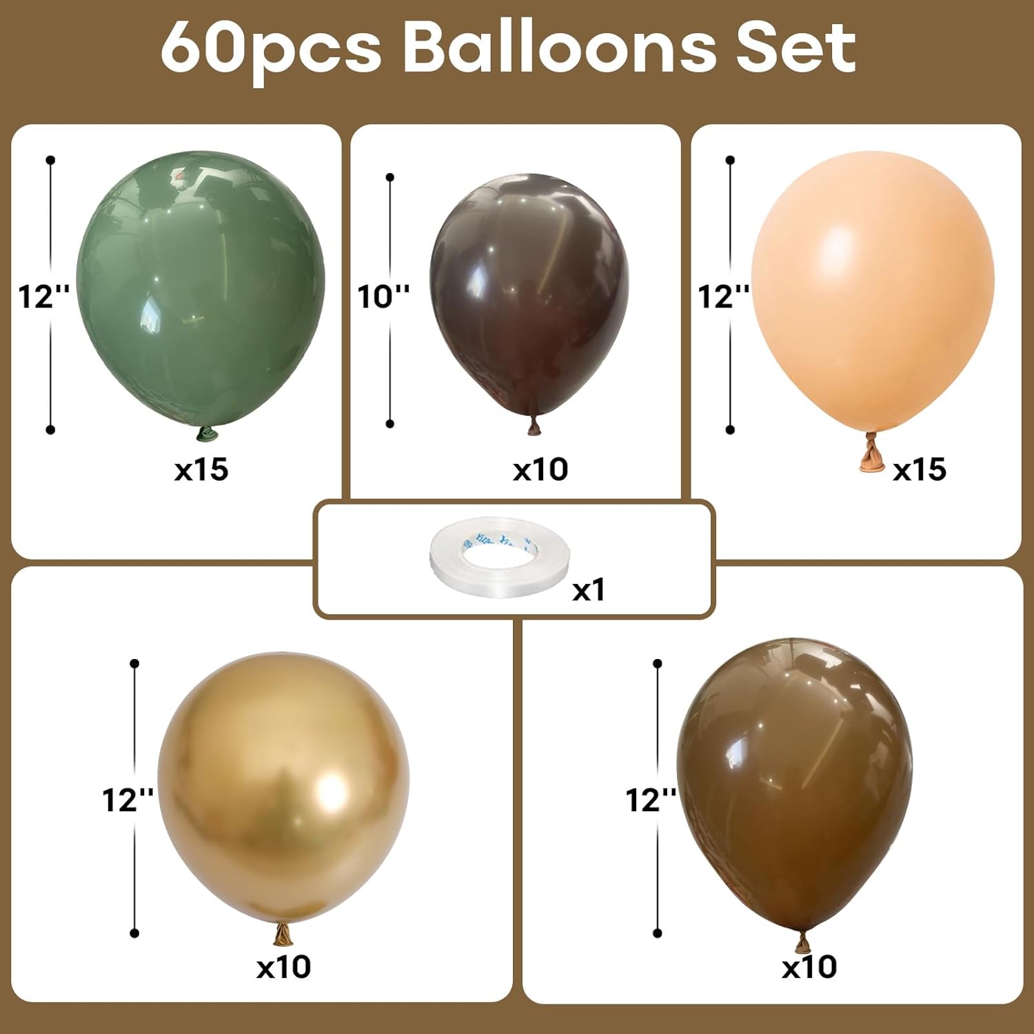Thumbnail 1 de 60-Piece Sage Green, Gold & Brown Latex Balloons Woodland Camo Set for Jungle Safari & Hunting Parties