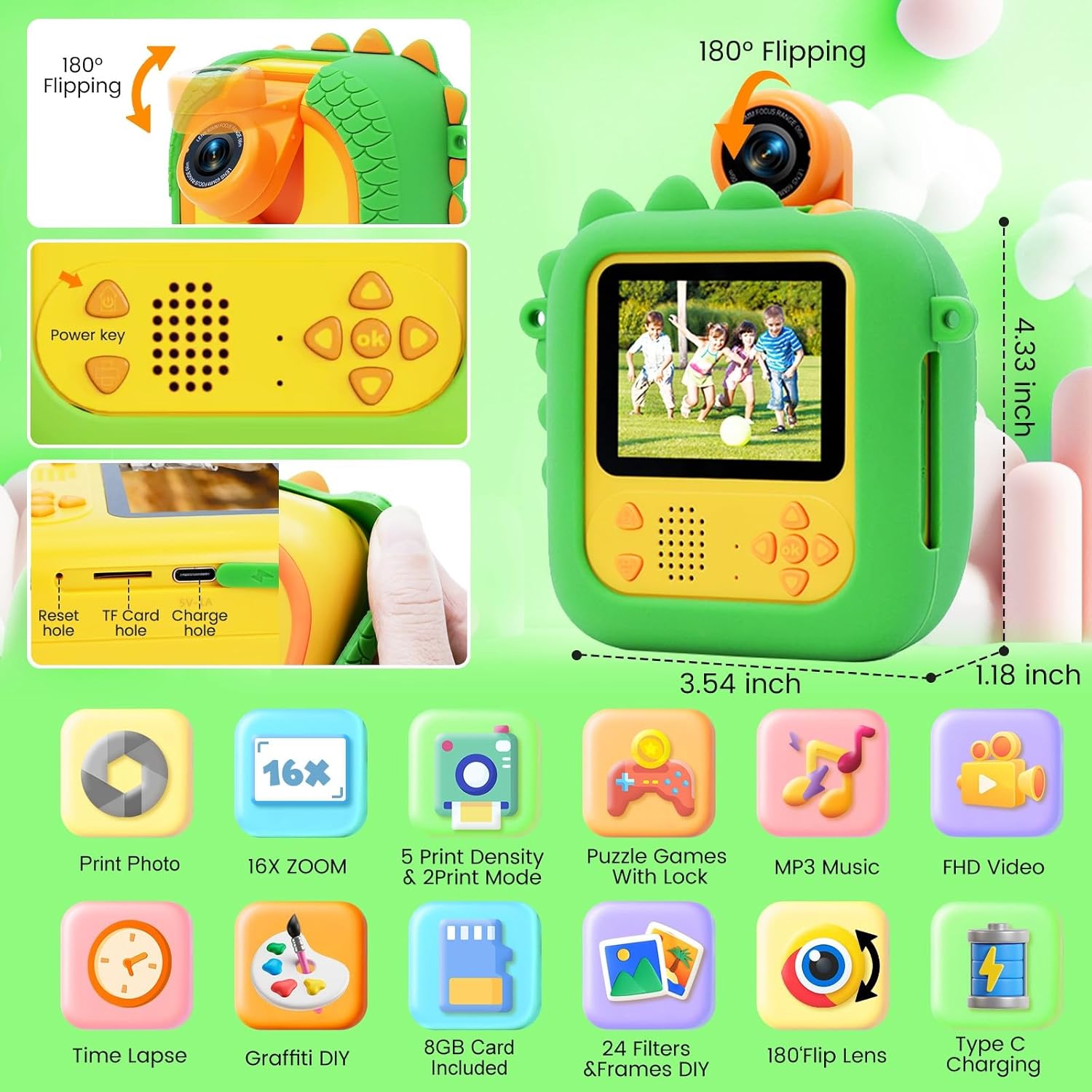 Thumbnail 1 de ARNSSIEN Kids Camera Instant Print with 180° Flip Lens (Green Dinosaur)