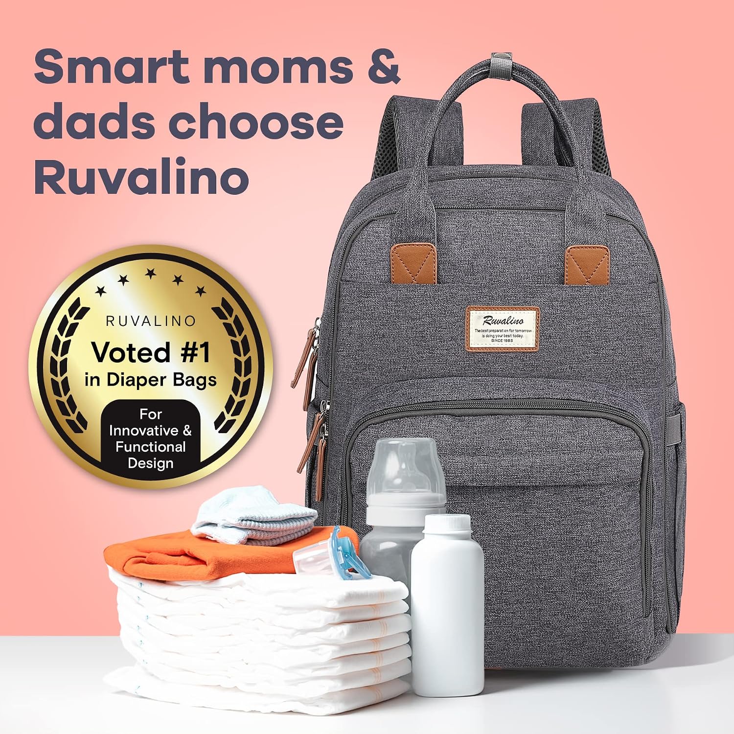 Detalle 2 de RUVALINO Diaper Backpack Large nappy bag with changing mat, insulated bottle pockets and laptop sleeve