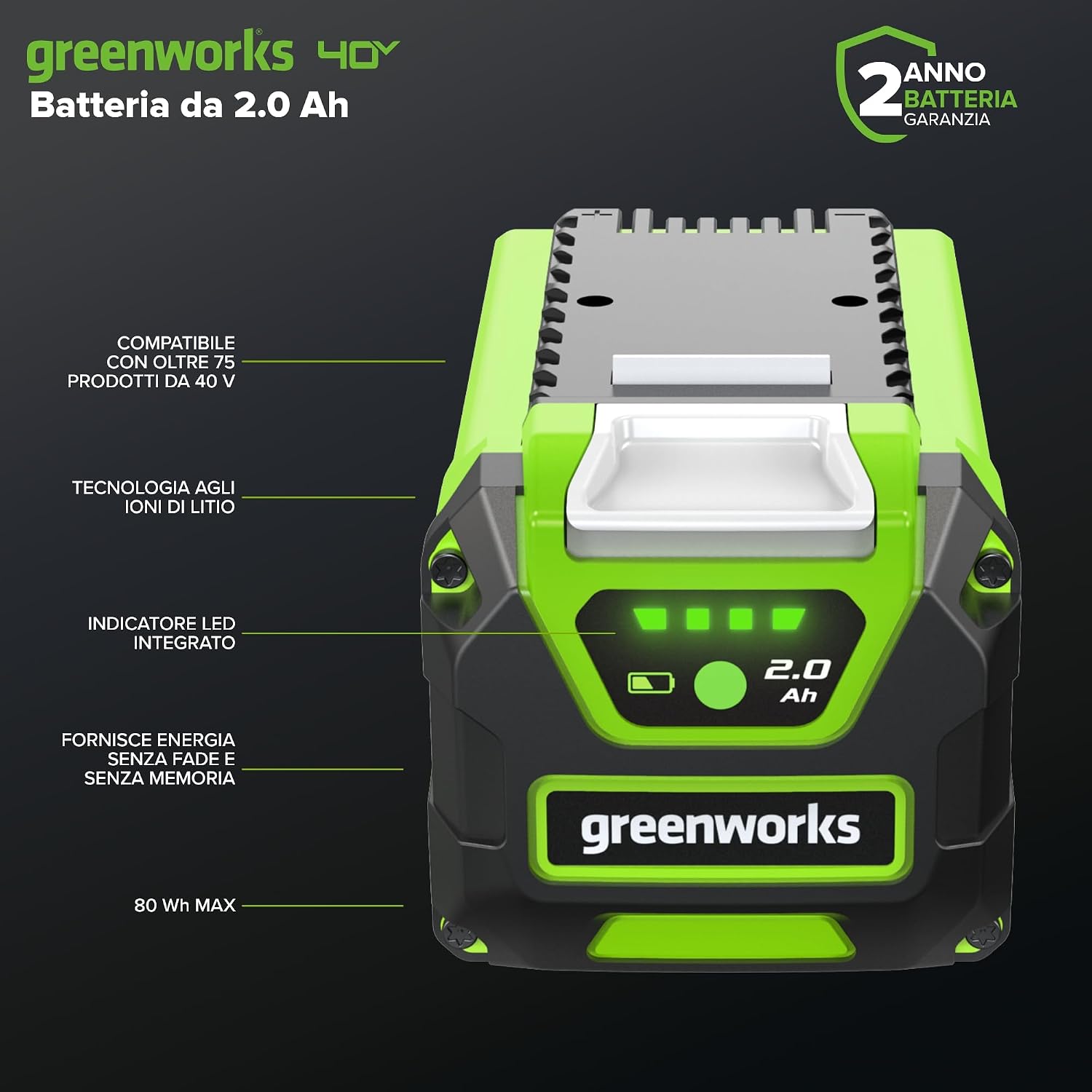 Thumbnail 1 de Greenworks Batteria 40V 2Ah agli ioni di litio G40B2 con ricarica rapida e indicatore LED