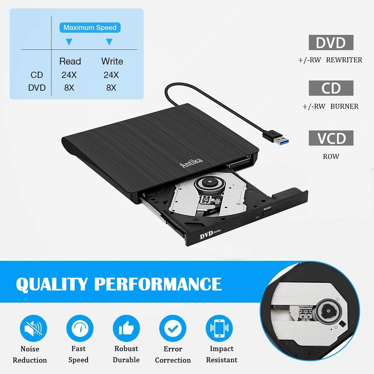 Thumbnail 3 de Antika externes DVD-Laufwerk / CD-DVD-Brenner mit USB 3.0 für Laptop & Desktop (CD/DVD-RW, Plug & Play)