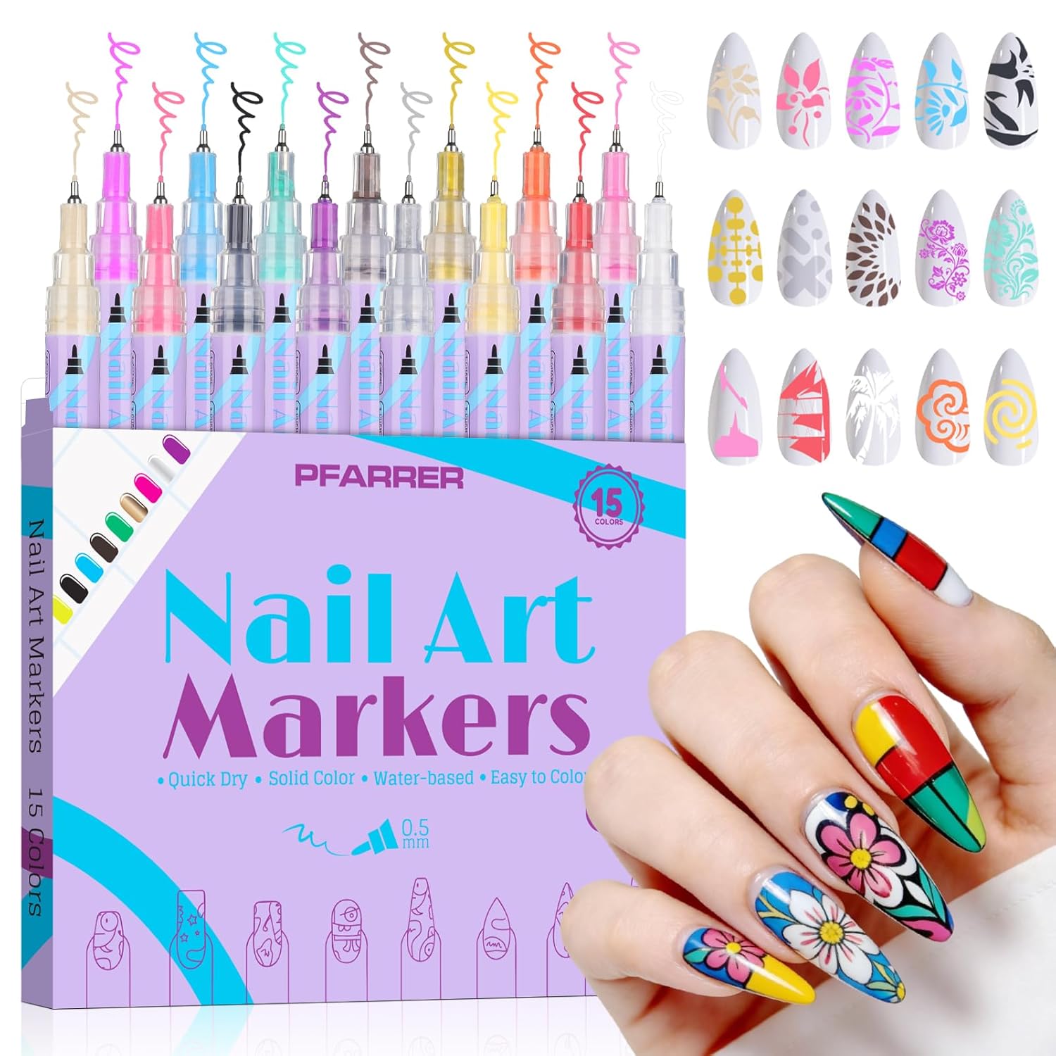 15 Farben 3D Nagellack Stift-Set (1 Set mit 15 Stück) für DIY Nagelkunst, Liner & Punktierung