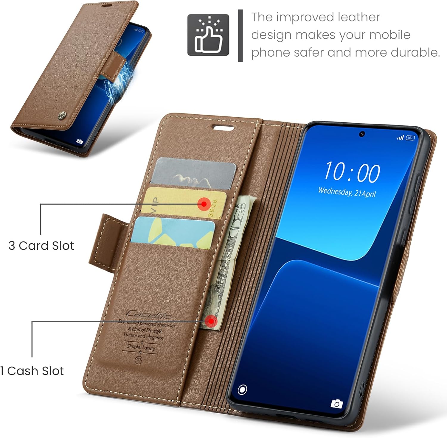 Thumbnail 2 de Phernykas Lederhülle für Xiaomi 13 Pro – Wallet Case mit Magnetverschluss, Standfunktion und RFID-Schutz (Braun)