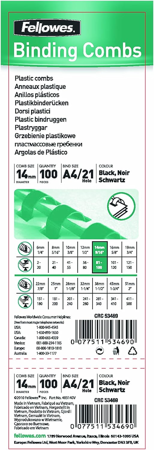 Thumbnail 1 de Fellowes Anneaux Reliure Plastique A4 14 mm – Lot de 100, Noir