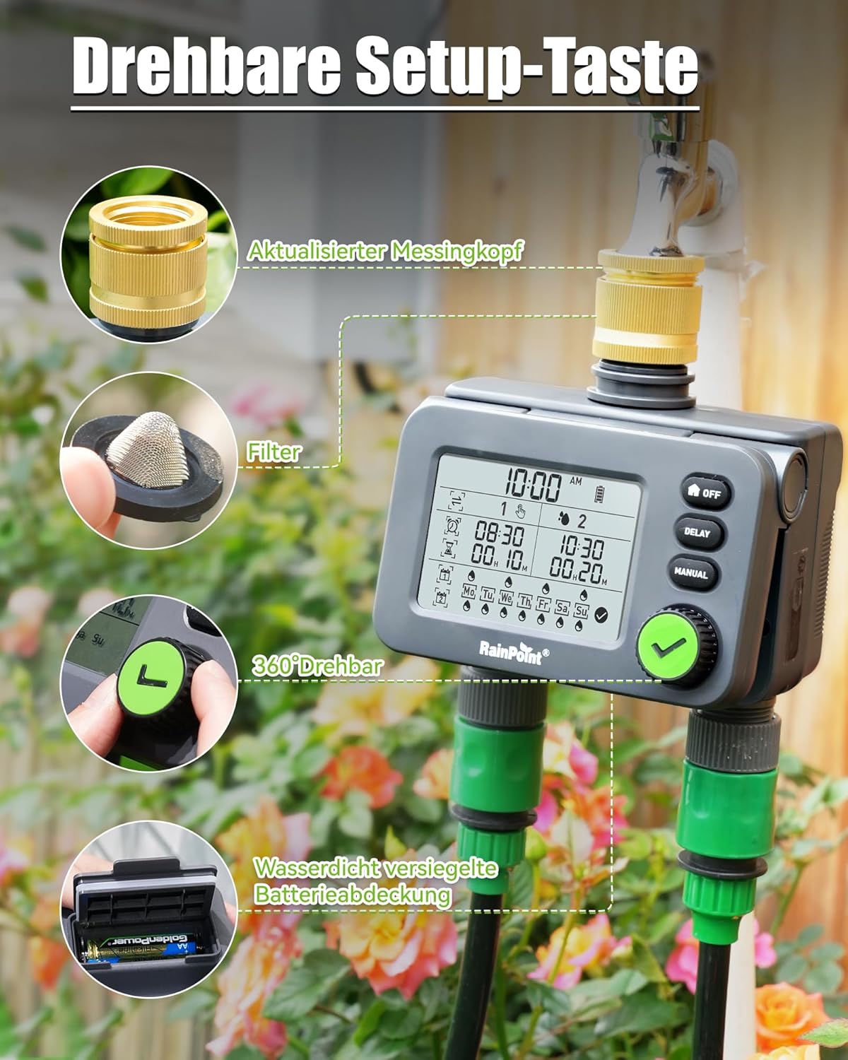 Thumbnail 5 de RAINPOINT Timer per irrigazione digitale a 2 uscite con ingresso in ottone e ritardo pioggia