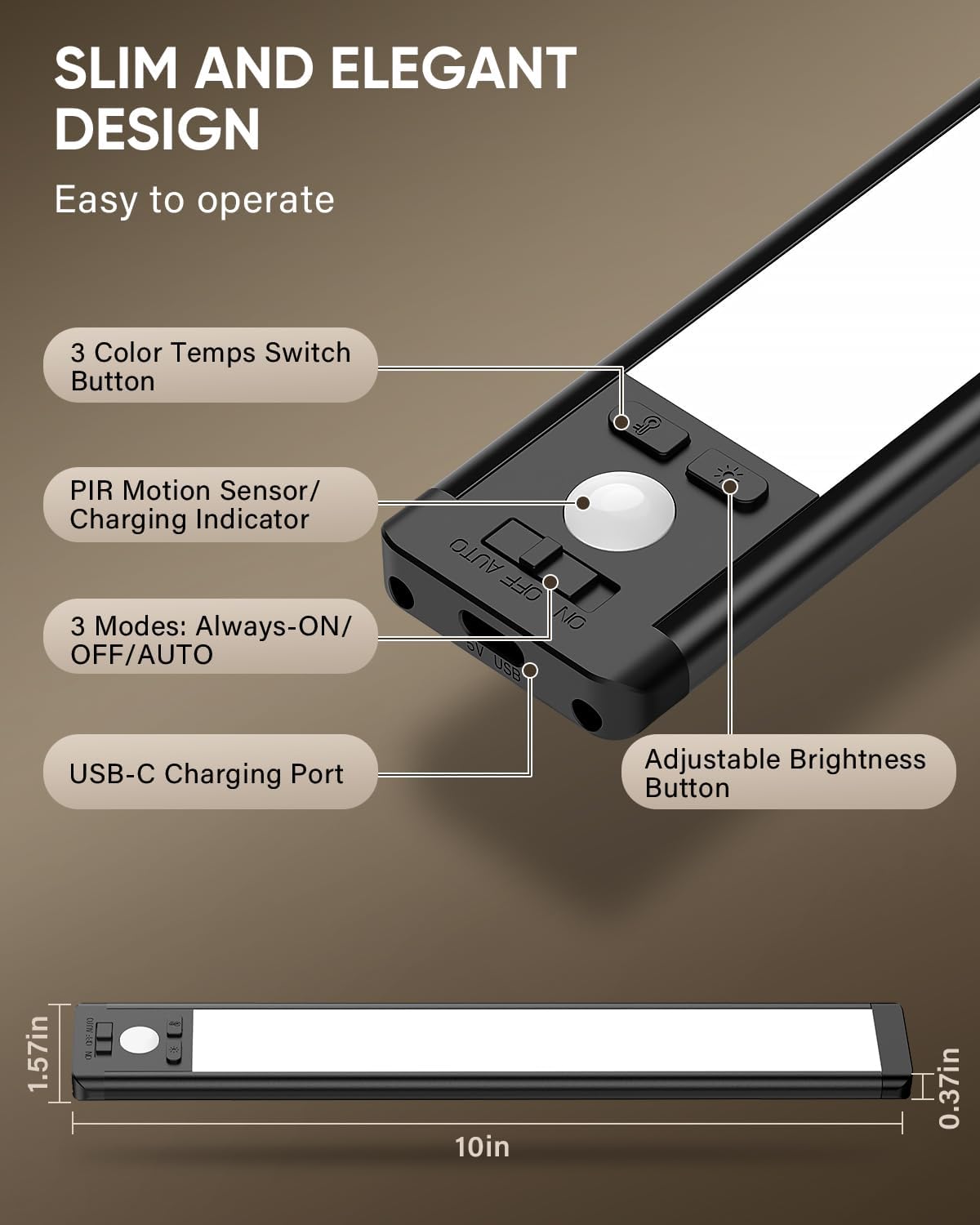 Detalle de MCGOR GLS-C010 10-Inch Under-Cabinet Lights, 5-Pack, Motion Sensor