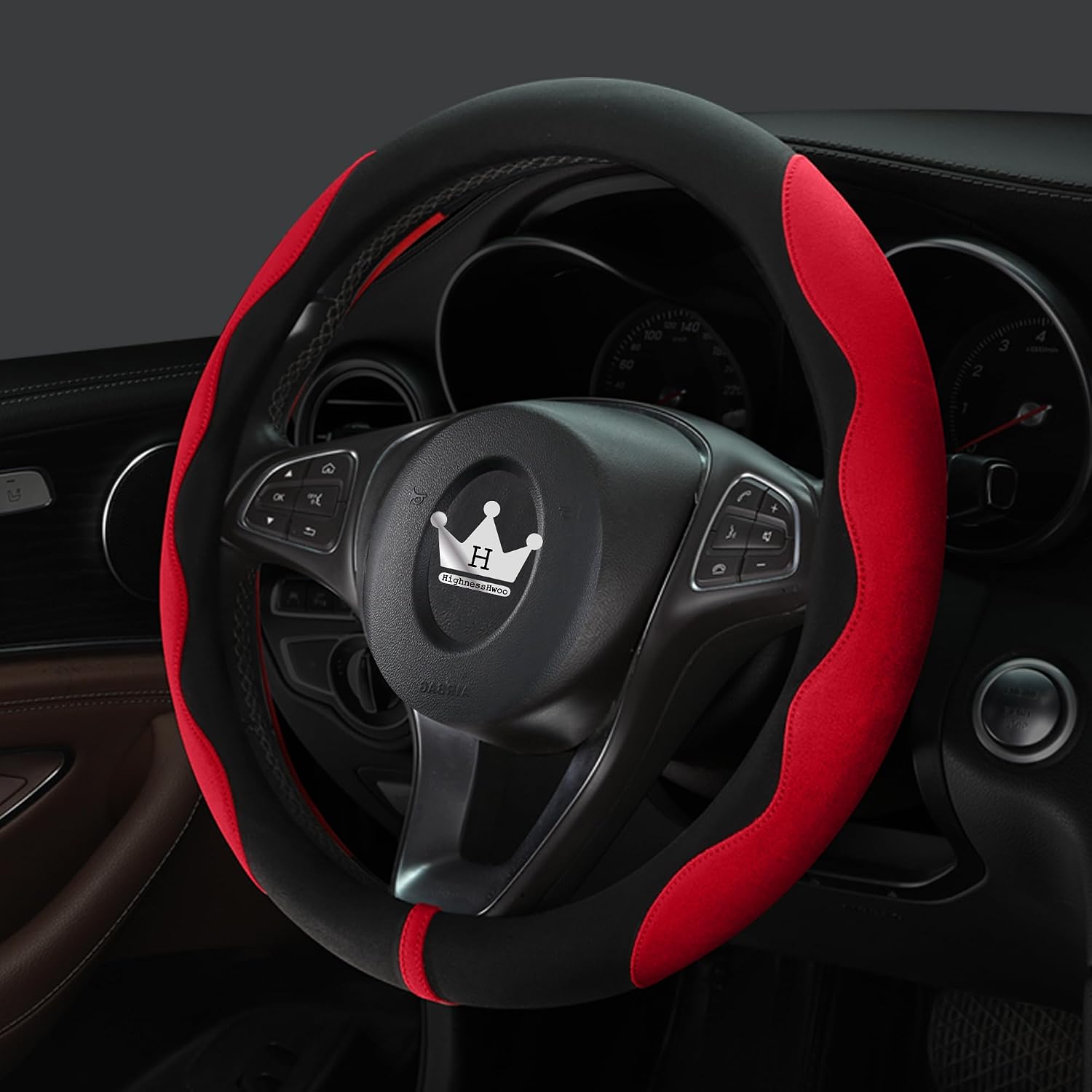 Detalle 2 de HighnessHwoo Luxuriöser Suede Auto Lenkradbezug – Komfort-Lenkradabdeckung in Rot, für 37–38 cm
