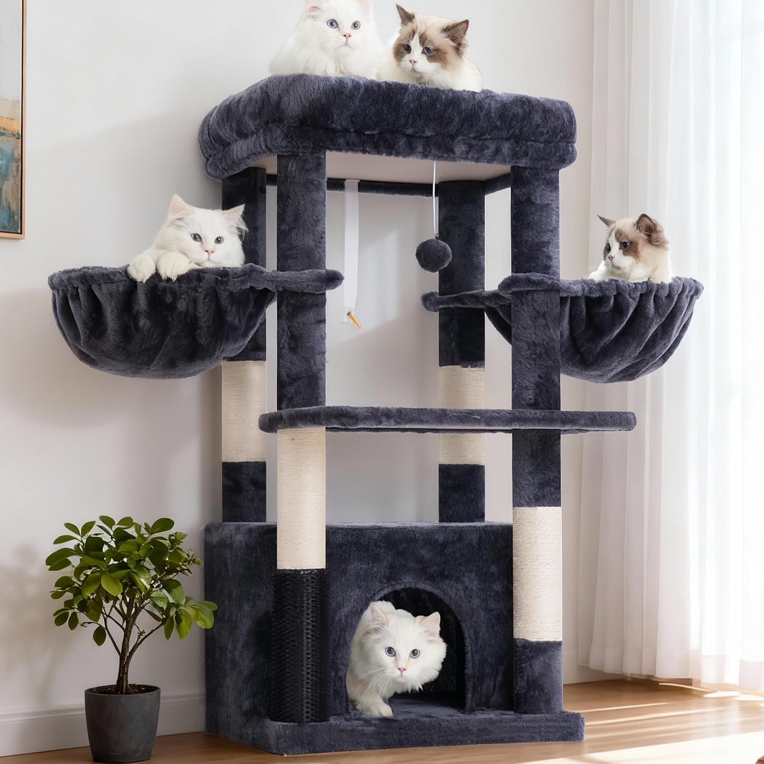 Detalle de Hey-brother MPJ060G Cat Tree Tower with Large Perch, Condo and Two Hammocks