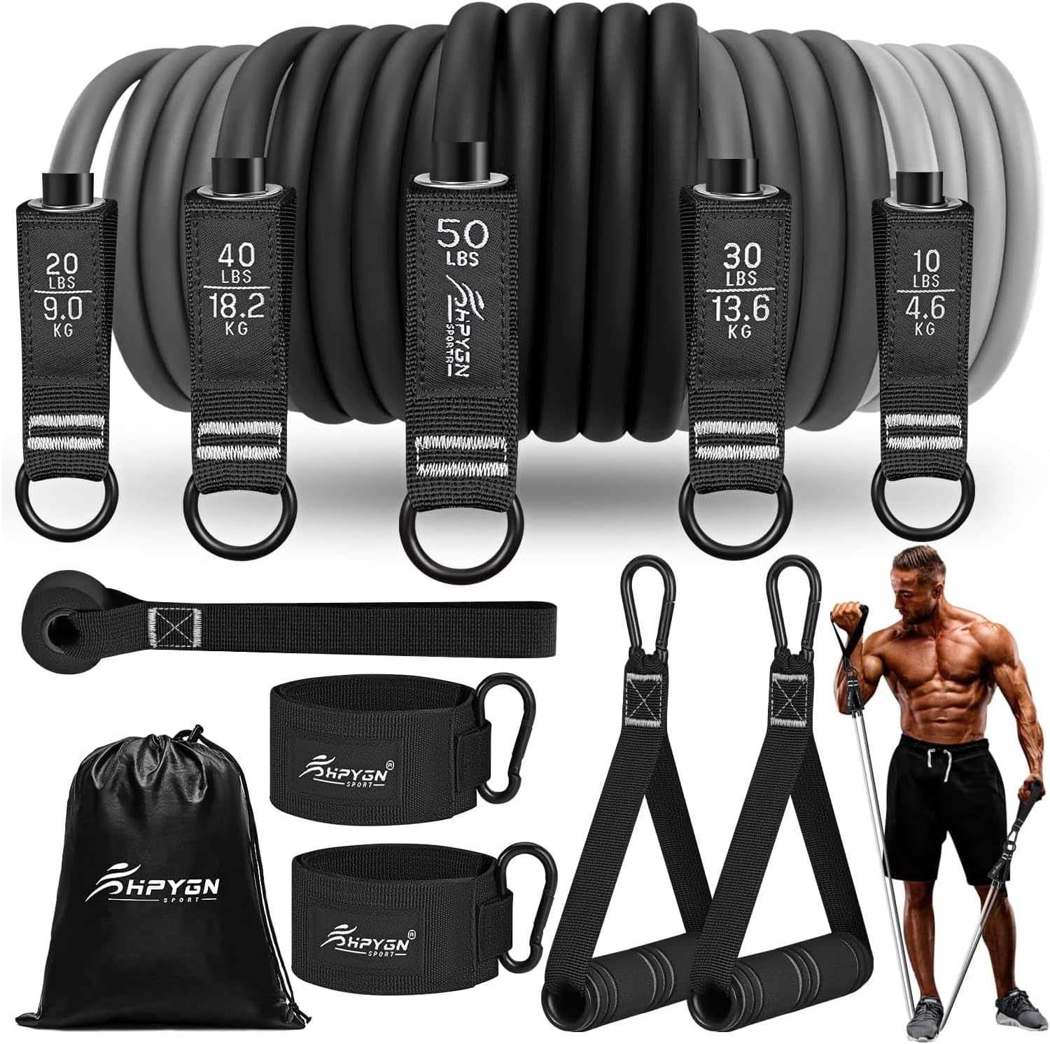 Detalle de HPYGN Fitnessbänder-Set mit 5 Widerstandsstufen (150/200/250 lbs) inkl. Griffe, Knöchelriemen & Türanker