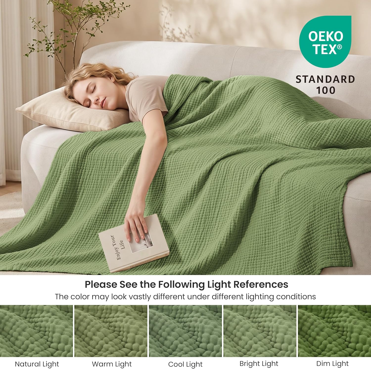Thumbnail 6 de Love's Cabin 100% Cotton Muslin Blanket (6-Layer) – King Size, Sage Green, Lightweight Gauze