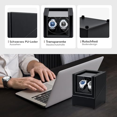 Thumbnail 5 de Tolesum Uhrenbeweger 2 Uhren für Automatikuhren – leisem Motor, USB-C Brückenkabel-System, Edles PU-Leder Schwarz