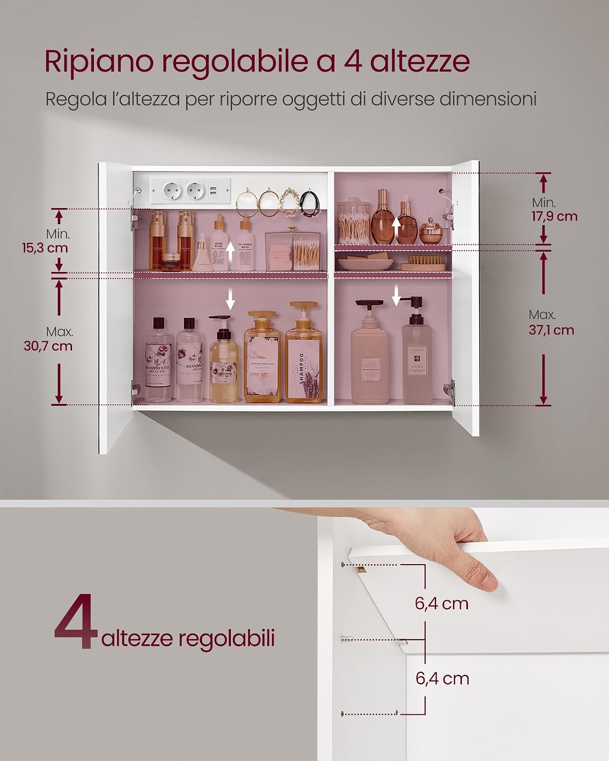 Detalle de VASAGLE Kailyn Collezione – Armadietto a Specchio da Parete per Bagno con LED e Presa Multipla (Bianco, 16,5 x 80 x 60 cm, BBK134W01)