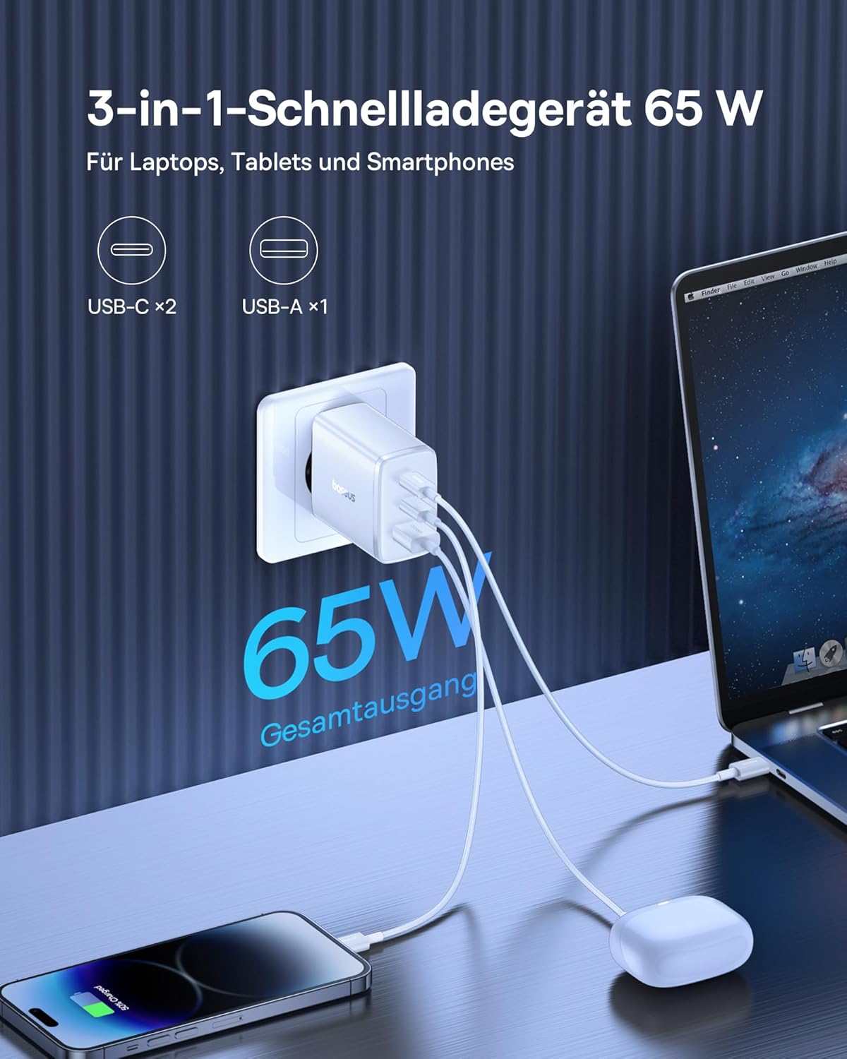 Thumbnail 1 de Baseus 65W Cargador USB C GAN Rápido Multipuerto ⚡