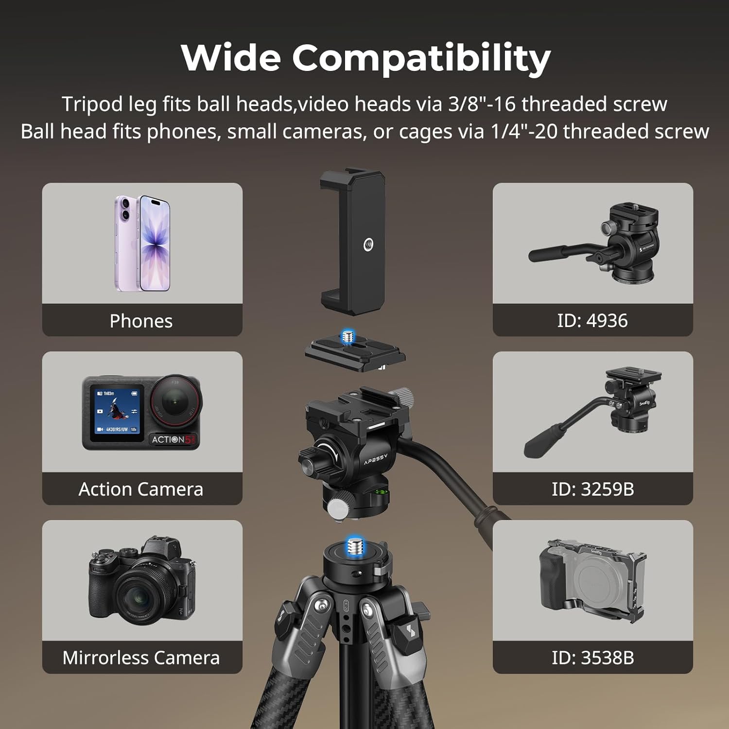 Thumbnail 5 de SmallRig AP255Pro 63" Portable Carbon Travel Tripod with Fluid Video Head (for iPhone & camera)
