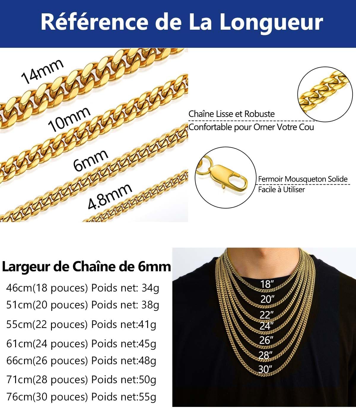 Thumbnail 4 de PROSTEEL Chaîne Collier Homme Gourmette en Acier Inoxydable – Largeurs 4,8/6/10/14 mm, Longueurs 36 à 76 cm, plaqué or/noir
