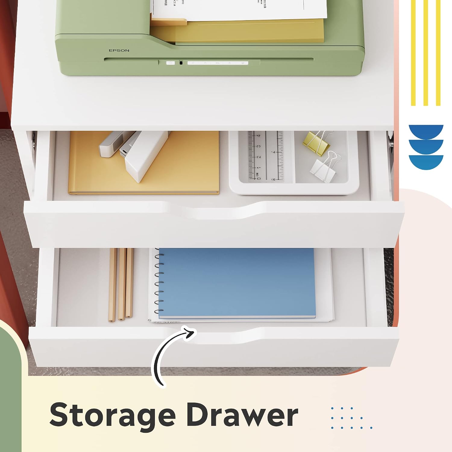 Detalle 2 de DEVAISE ASNG009WH 5-Drawer Filing Cabinet, White Wood Storage with Casters