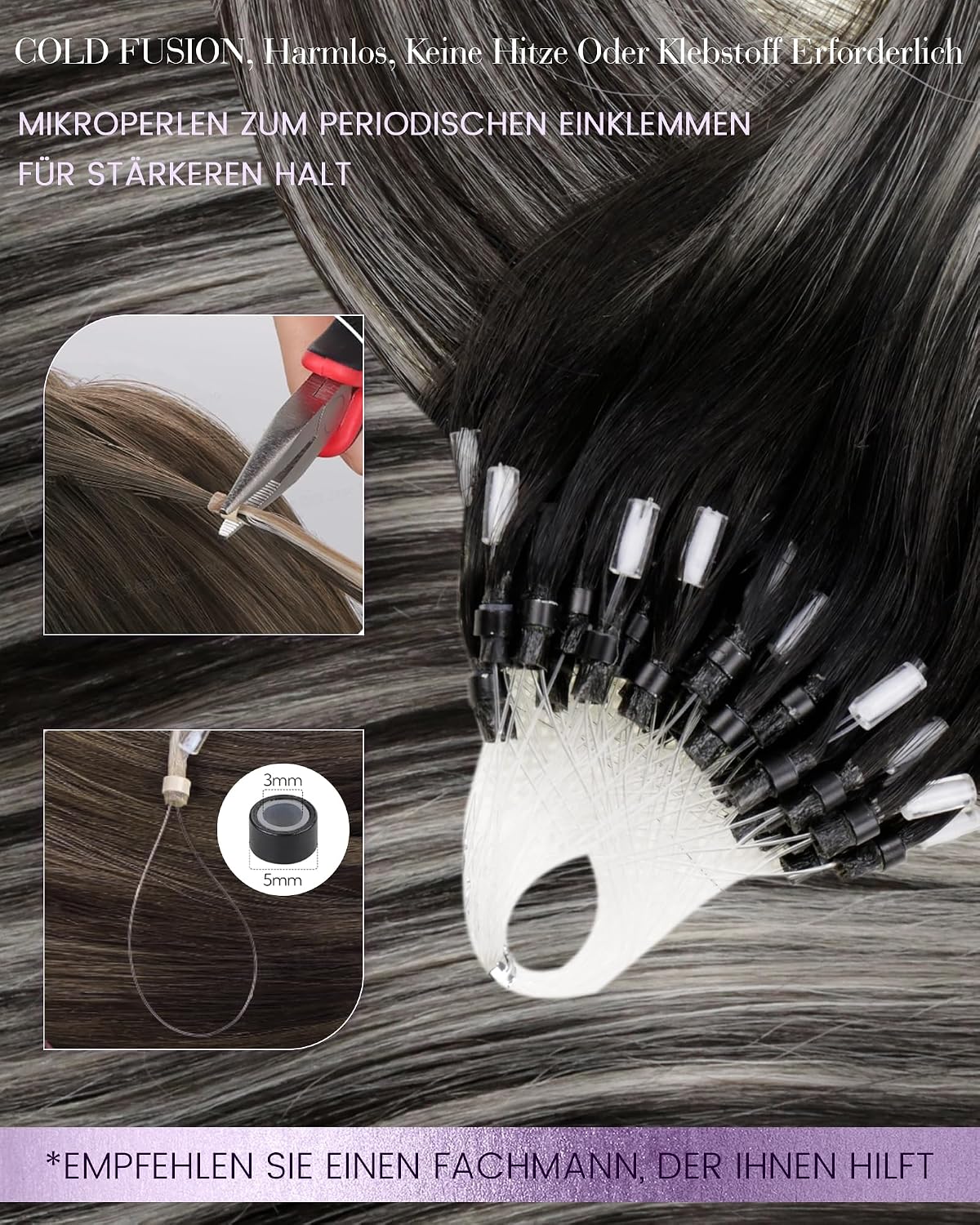 Detalle de LaaVoo Microring Echthaar Extensions – Balayage Silber Bis Balayage Ombre Schwarz, 50 cm, 50 g, 50 Stück