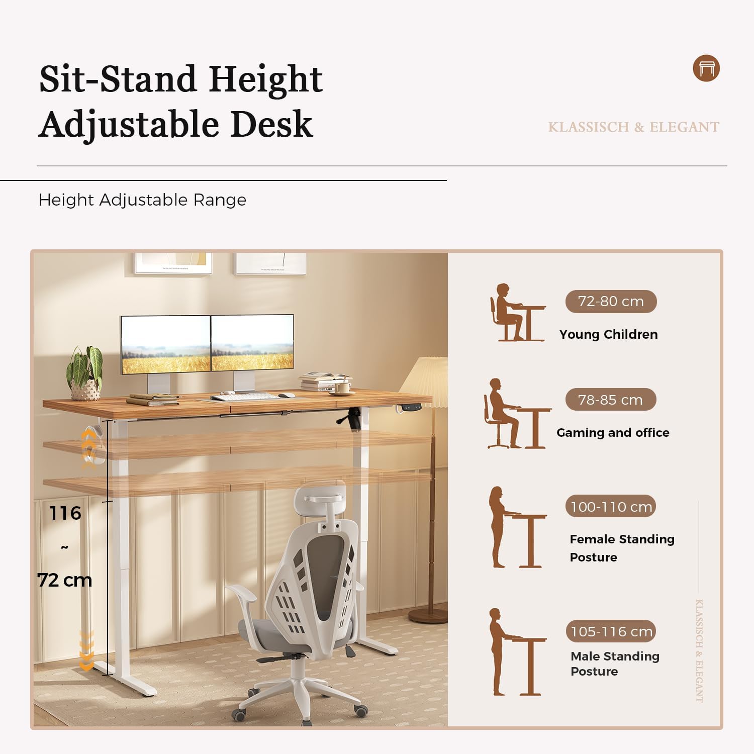 Thumbnail 2 de Klicelor Electric Standing Desk with 2 Memory Buttons – 72–116 cm height, 70 kg capacity (3-panel top), Light Brown