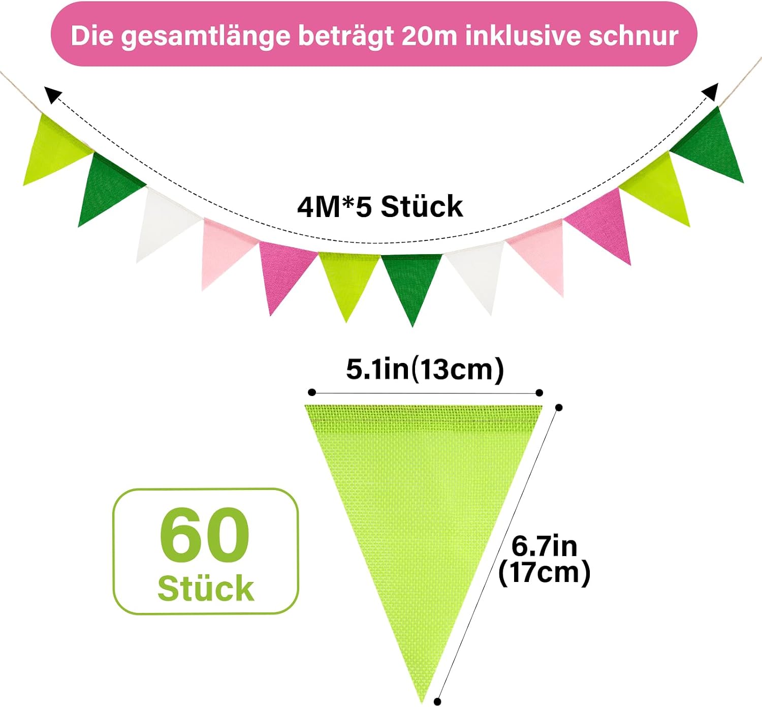 Detalle 2 de jijAcraft Rosa-Grün Wimpelkette Outdoor (20 m, 5 Stück) – wetterfest für Gartenparty & Camping