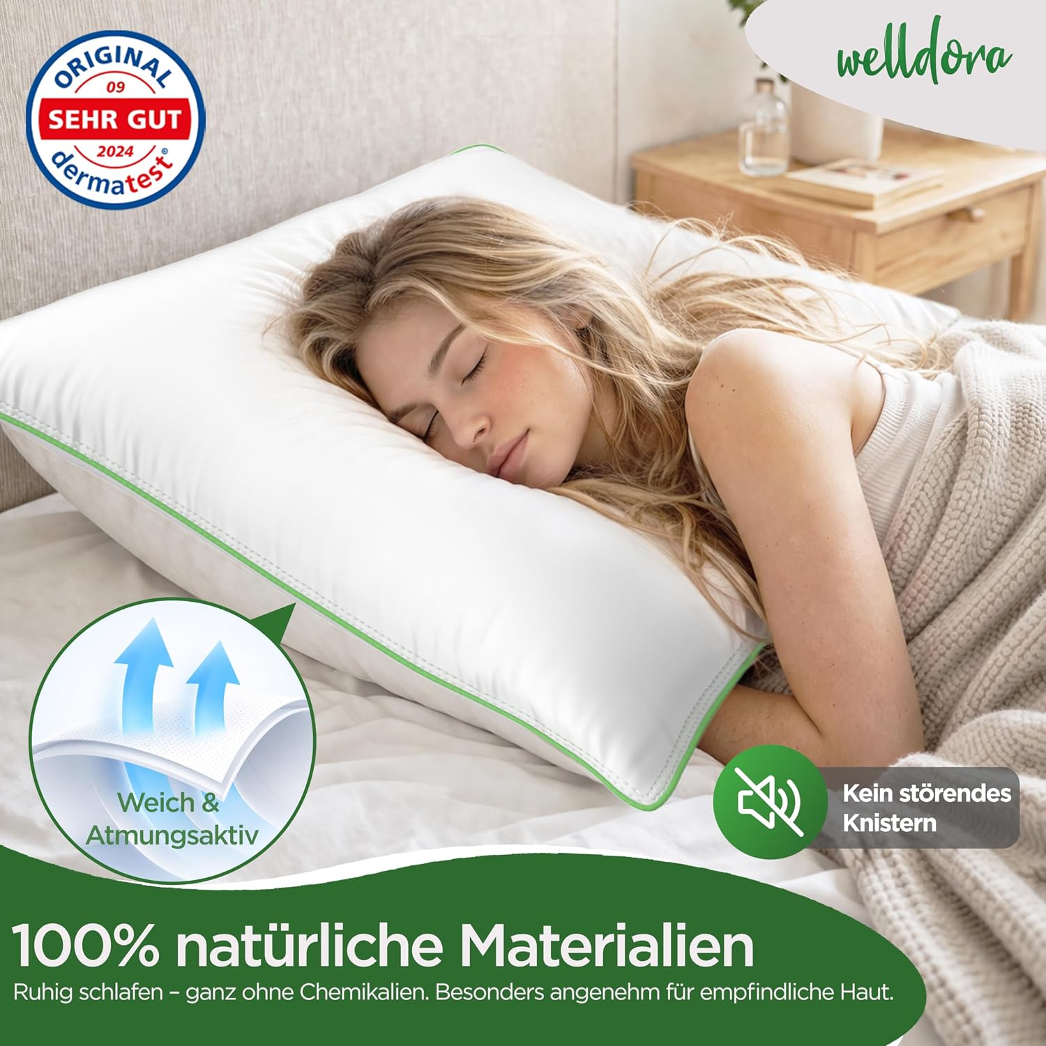 Detalle de Welldora Premium Kopfkissen 80x80 (3-Kammer) mit natürlichen Daunenfasern & Federn – ergonomisch gegen Nackenspannungen
