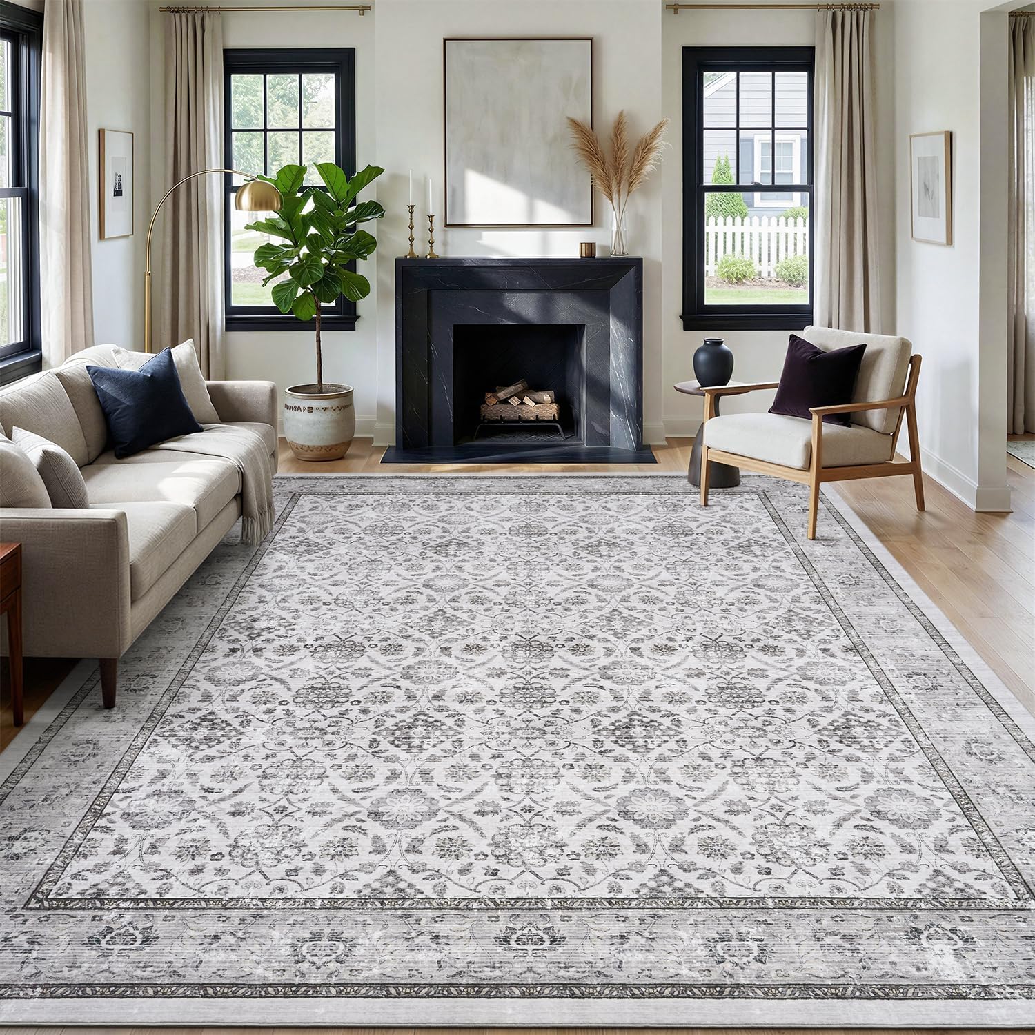 Detalle de RVOLST 8x10 ft Floral Vintage Area Rug, Grey Polyester, Machine Washable