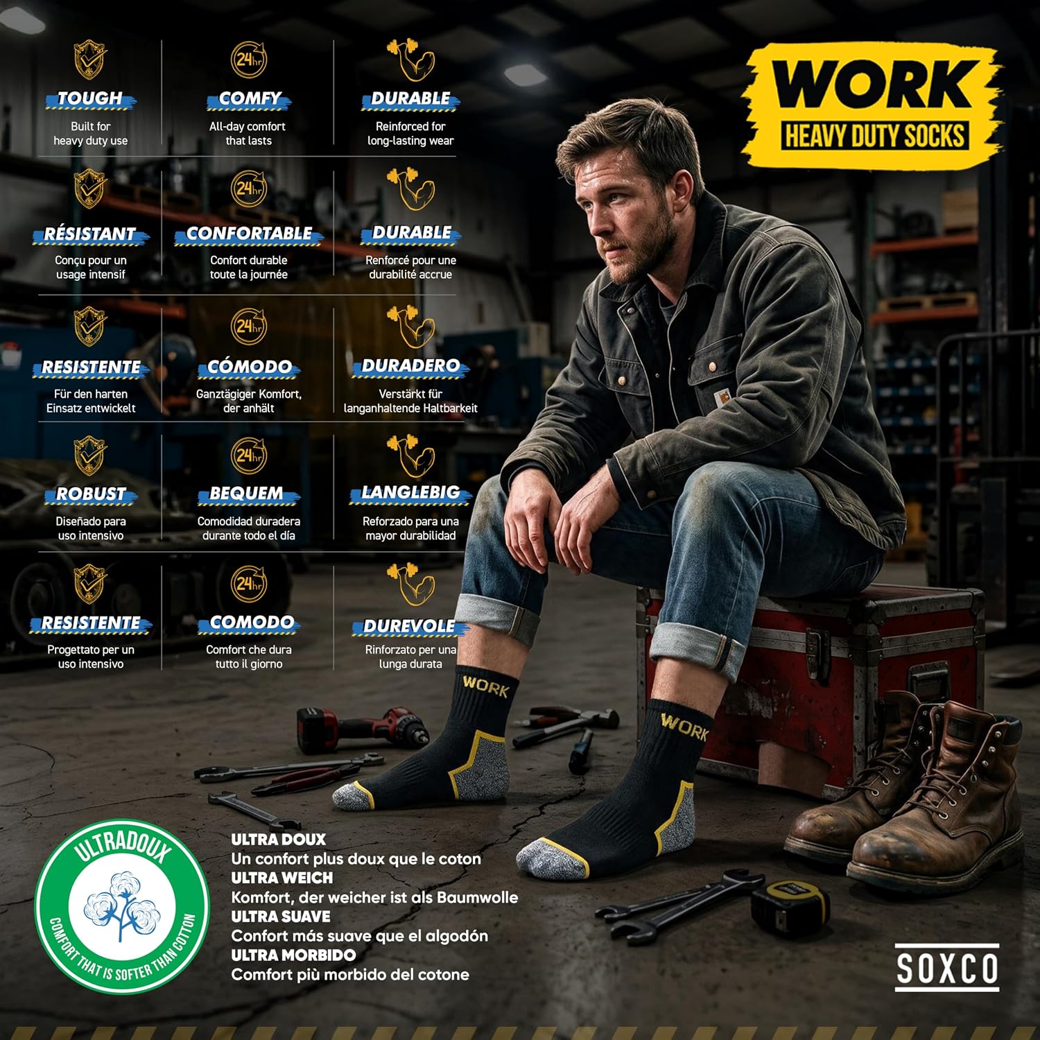 Detalle de SOXCO WRK-QTR-BE korte werksokken voor heren, 10 paar met verstevigde hiel en teen
