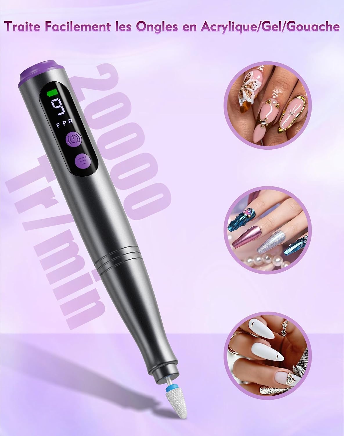 Detalle de Fofile ponceuse électrique pour ongles 12 en 1 sans fil, 9 vitesses (jusqu’à 20 000 tr/min) avec écran LED