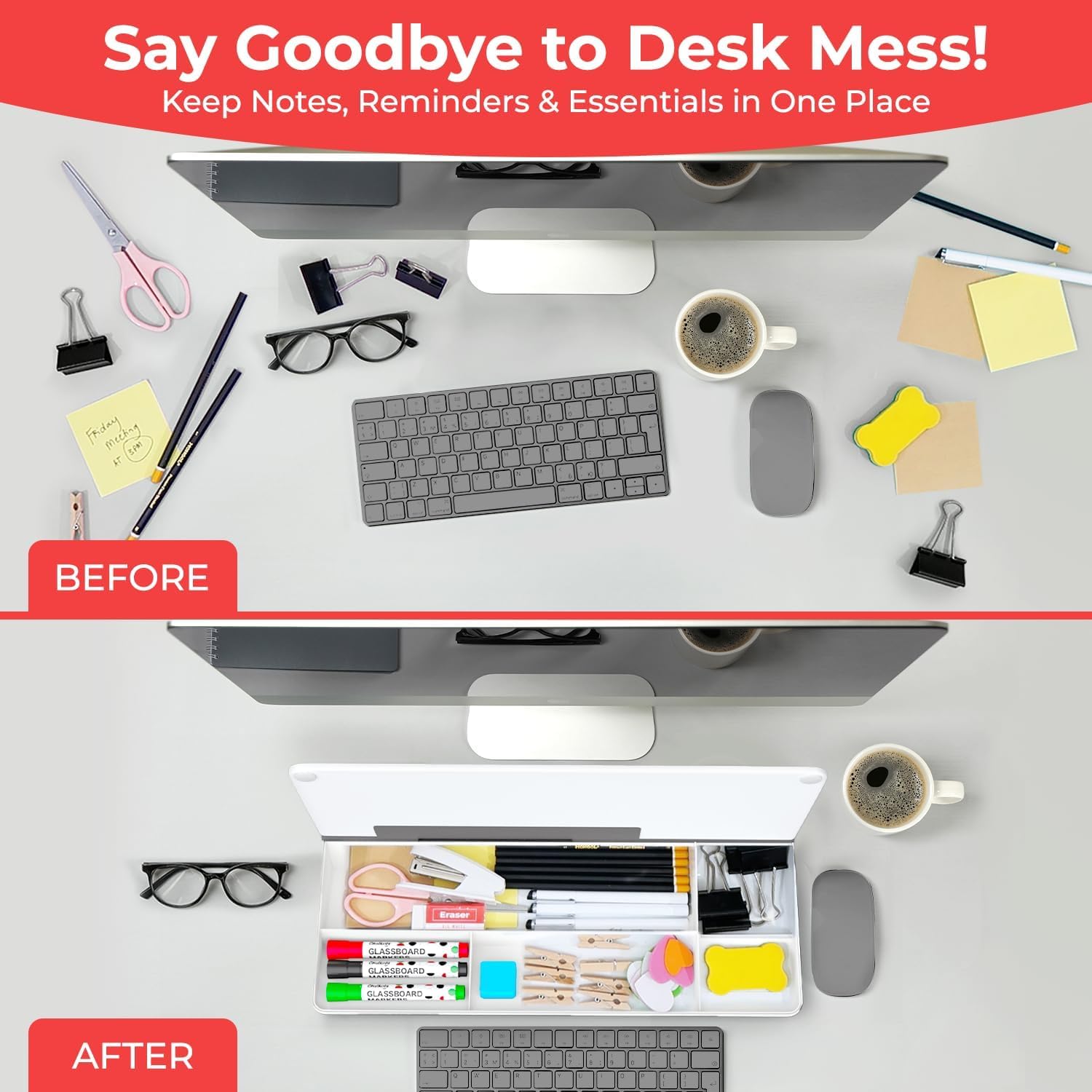 Detalle 1 de Chalkola Glass Desktop Whiteboard with Storage (Dry Erase) — Desk organiser + keyboard stand with 3 markers