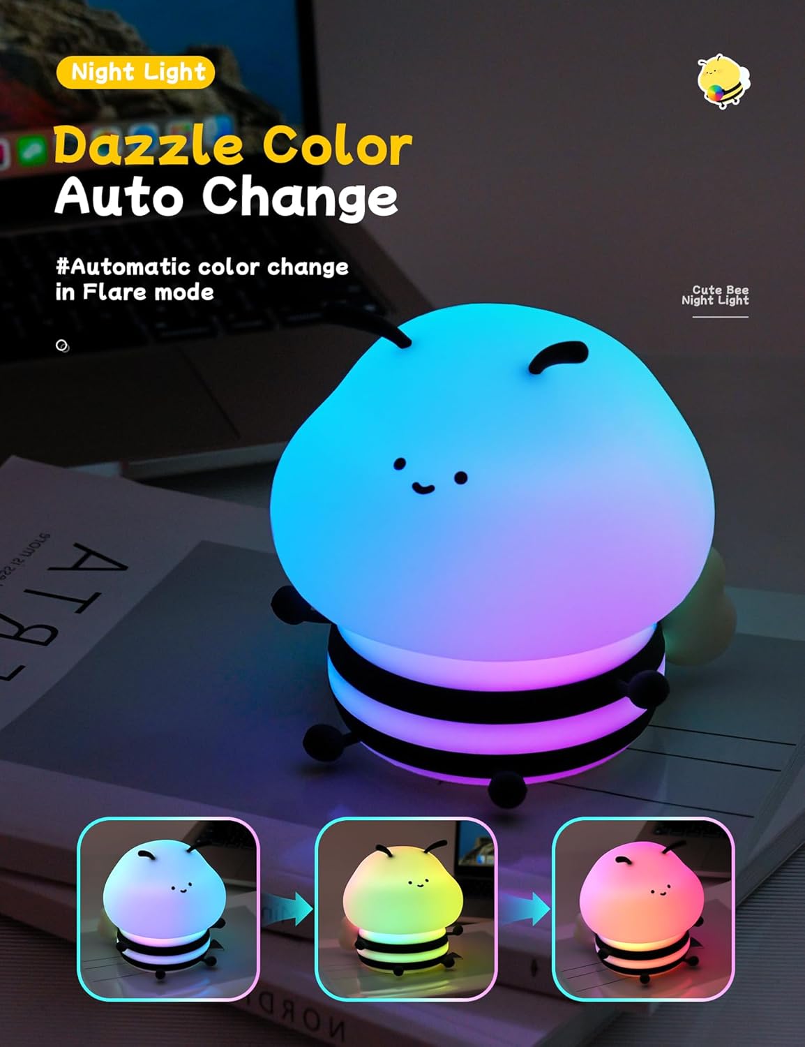 Thumbnail 1 de IHALO Cute Nachtlicht Kinder (Biene) mit stufenlos dimmbarer Helligkeit, RGB-Licht und USB-Laden