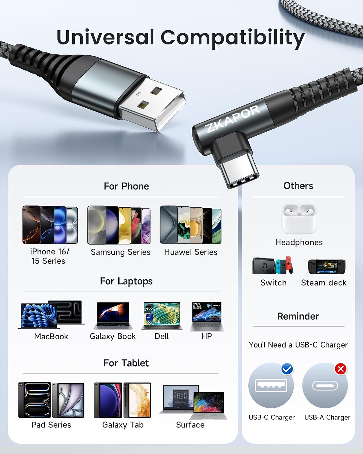 Thumbnail 5 de ZKAPOR USB-C Cable 1M Right Angle