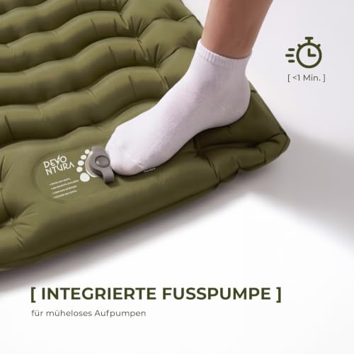 Detalle 2 de DEVONTURA Aufblasbare Isomatte mit Fußpumpe & Kissen – 10 cm Liegehöhe, 195x68 cm, kompakt & robust