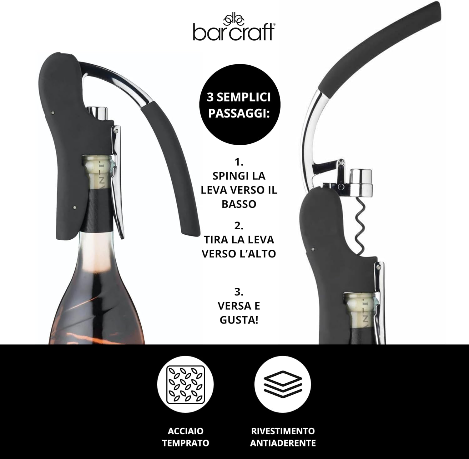 Detalle 2 de BAR CRAFT Tire-Bouchon De Luxe avec Coupe-Feuille Intégré – Noir et Chrome