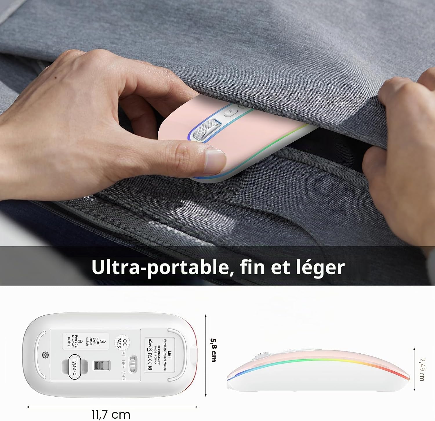 Thumbnail 4 de Cimetech Souris Bluetooth Rechargeable : Souris silencieuse à double modes (Bluetooth 5.1 + USB 2.4G) – Rose