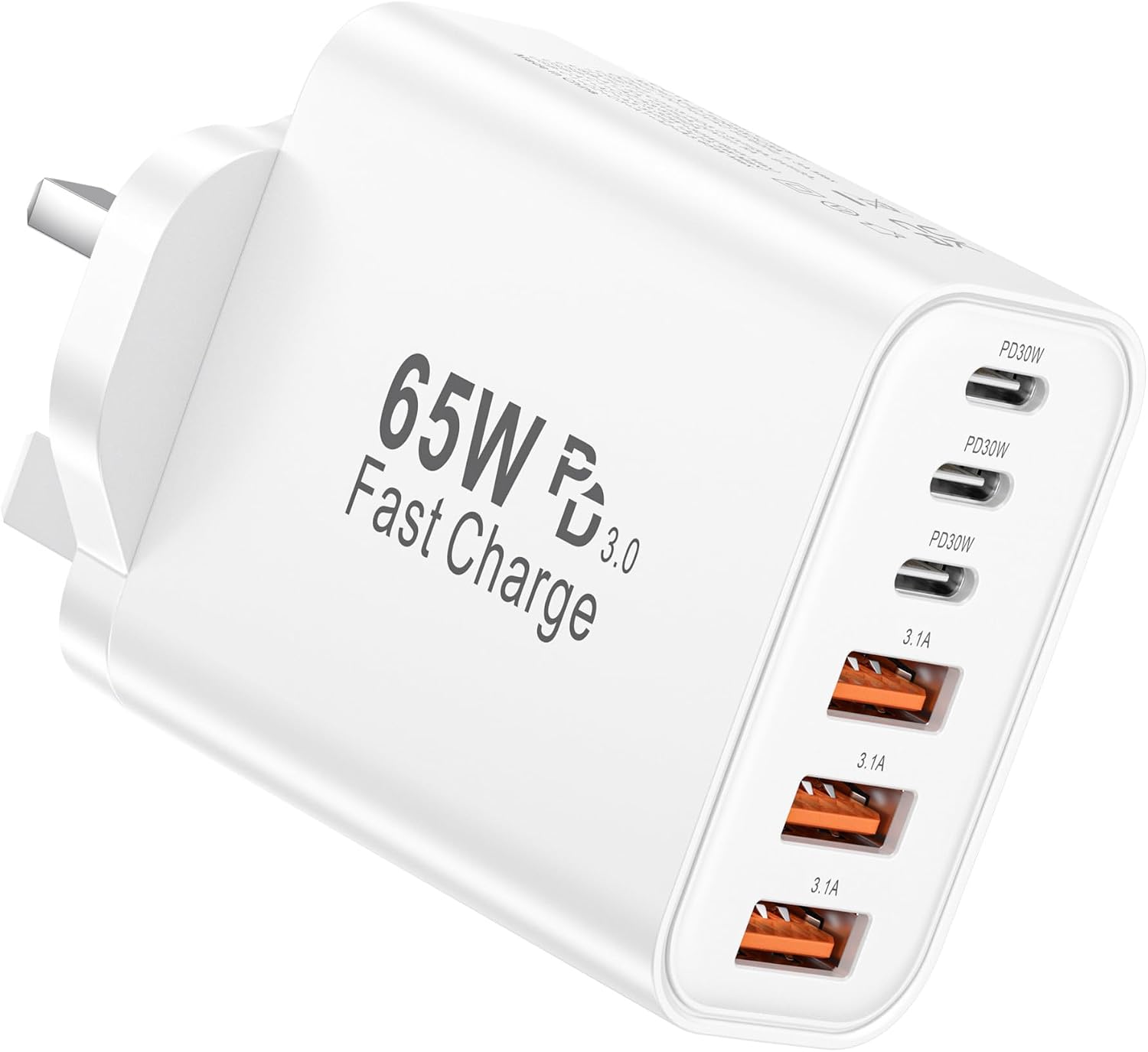 Detalle de USB C Fast Charger UK Plug 65W 6-Port (3 Type C + 3 USB A) Multi-Port Wall Power Adapter