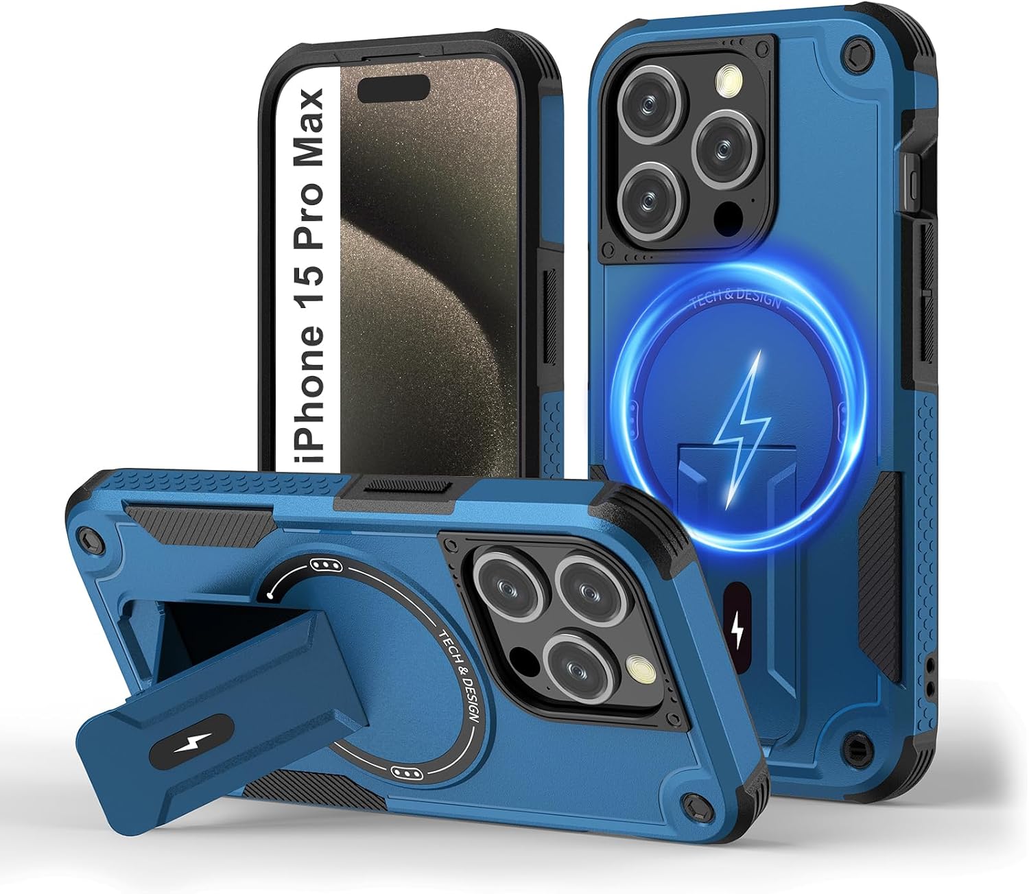Detalle de Tuvror Magnetic Case for iPhone 15 Pro Max with Stand – MagSafe Compatible, Blue