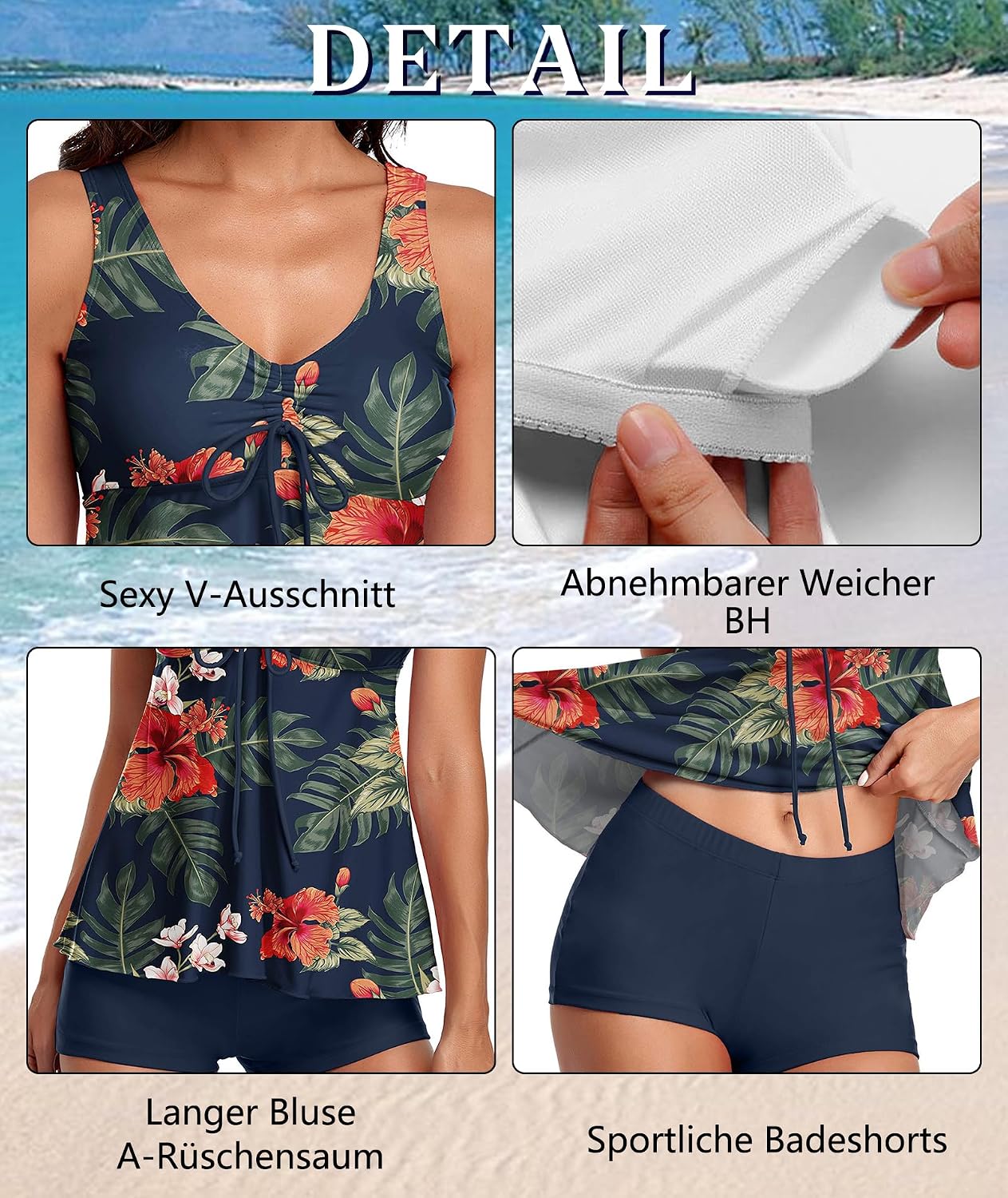 Detalle de Wihnsinop Tankini Damen Bauchweg Set mit Push-Up Oberteil und Badeshorts – Zweiteiler, Retro-Print, Sommerbadebekleidung