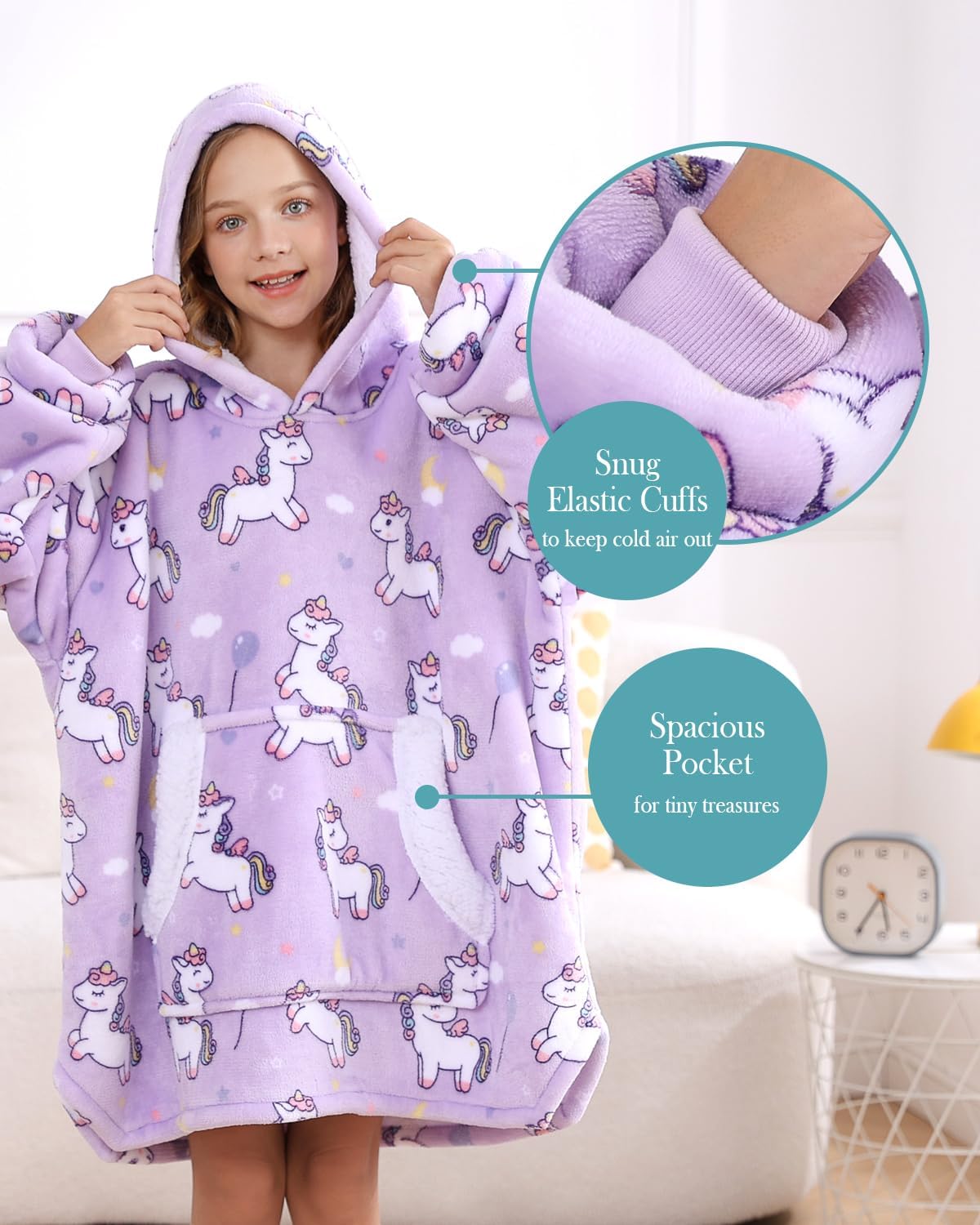 Detalle de Topblan Kids Wearable Blanket Hoodie, Flannel and Sherpa, Purple Pony