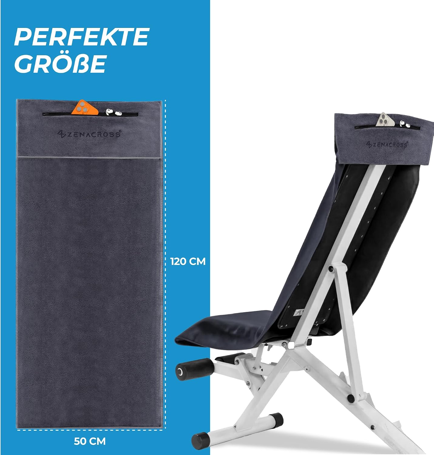 Detalle de ZENACROSS Fitness Handtuch Mikrofaser 120x50 mit Reißverschlusstasche – schnelltrocknend und hygienisch