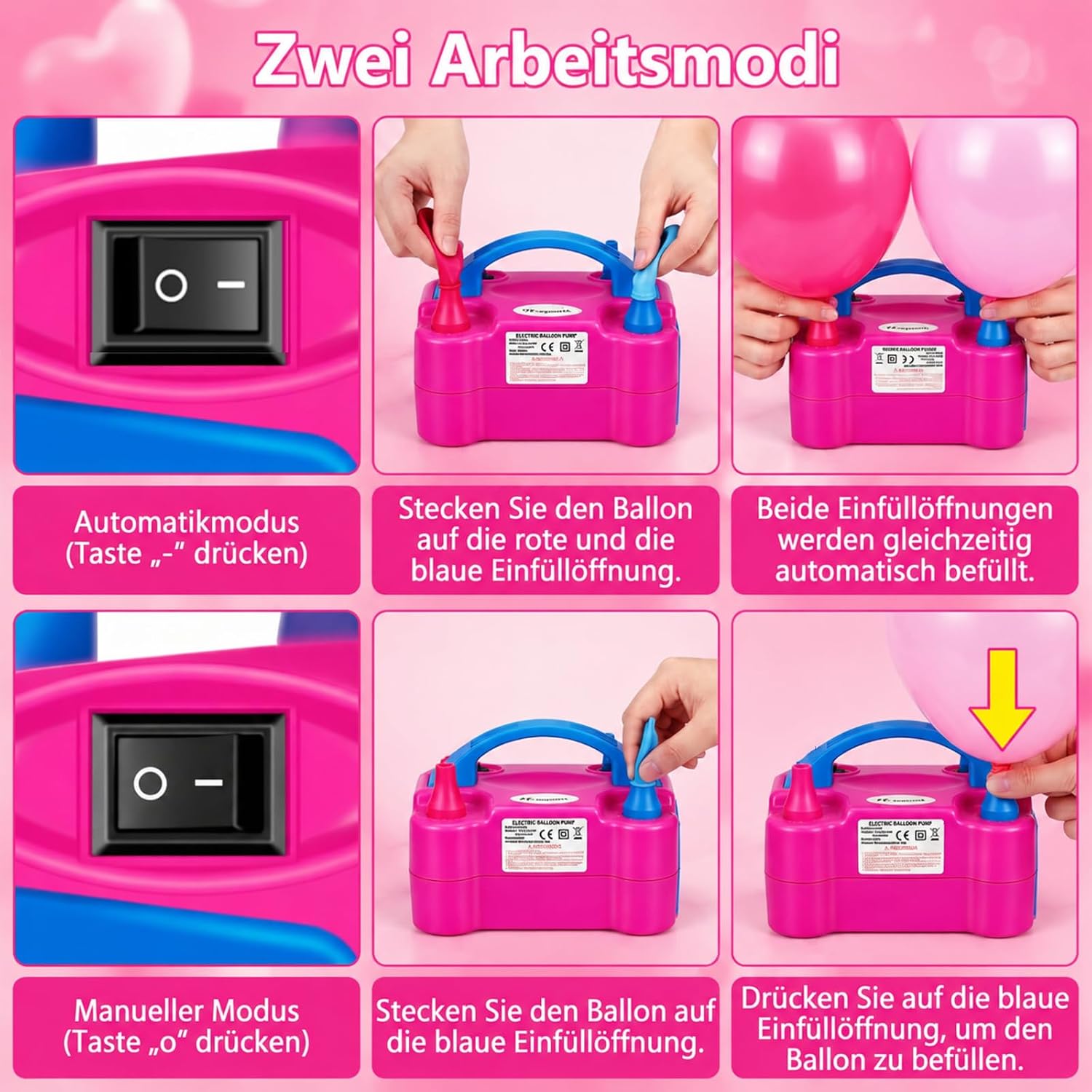 Detalle de FLSEPAMB Elektrische Luftballonpumpe – 600 W, 2 Düsen, 2 Modi, tragbar